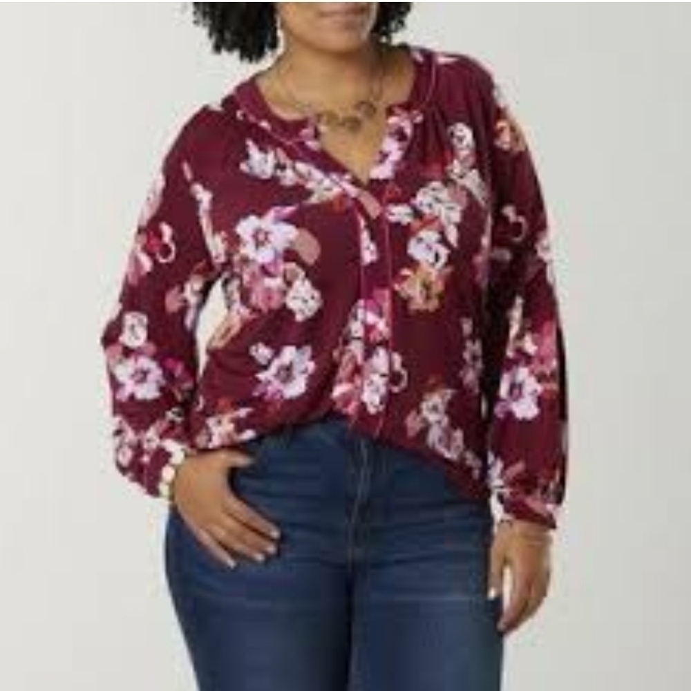 Simply Emma Pink Wine Floral V Neck Blouse Plus 2X